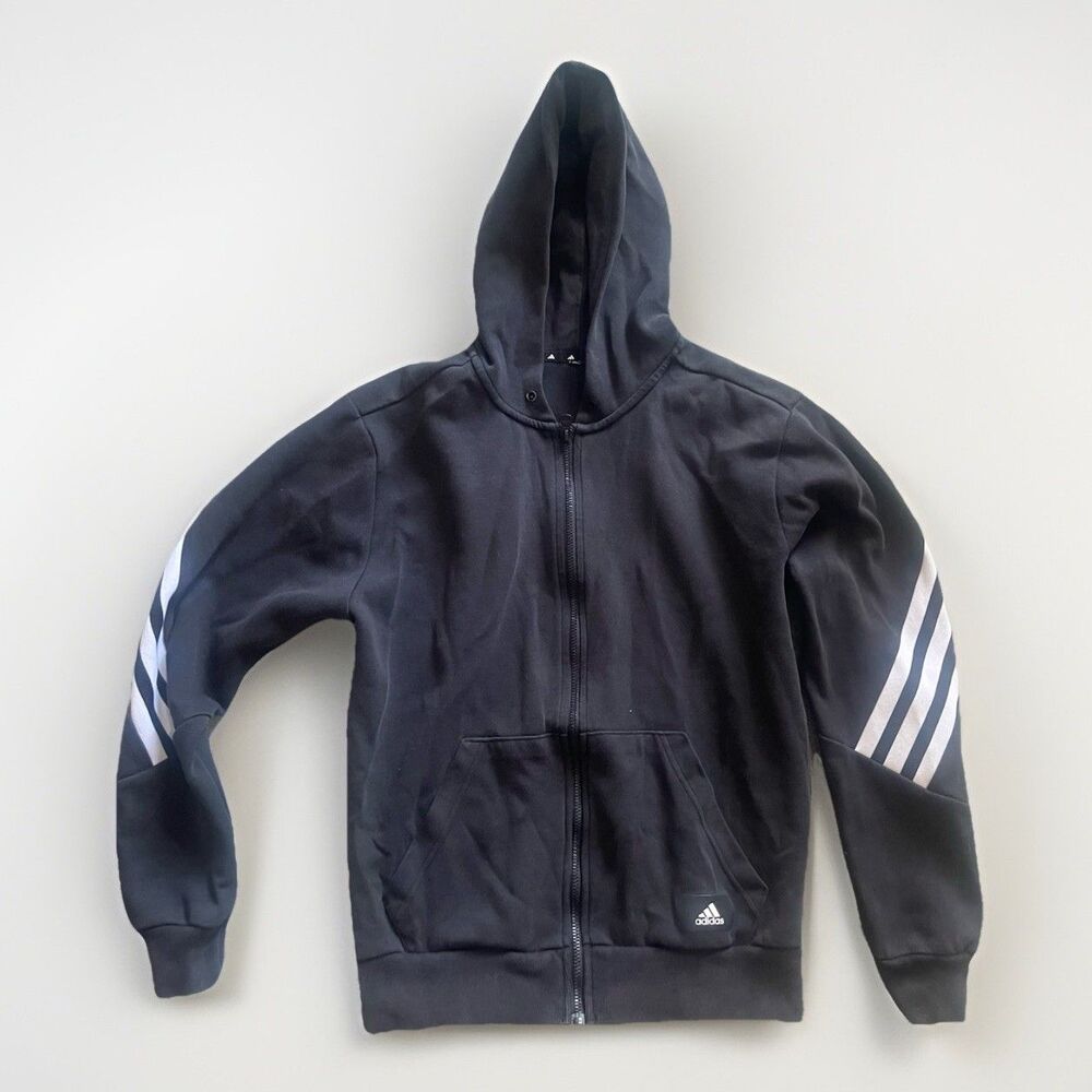 Adidas Mens Medium Black with White Stripes Hoodie Sweatshirt Jacket Zip Up